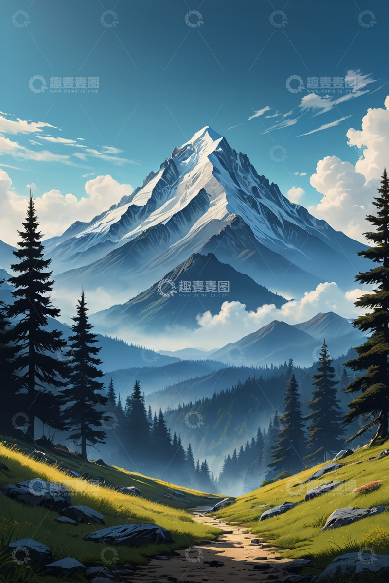 高清大图下载【趣麦麦图】山间森林与雪山自然风光