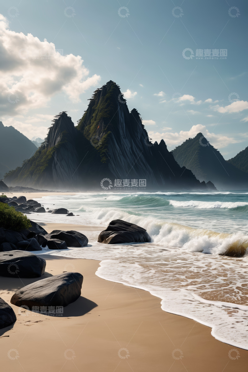 高清大图下载【趣麦麦图】海滩边海浪拍打岩石与远山景色