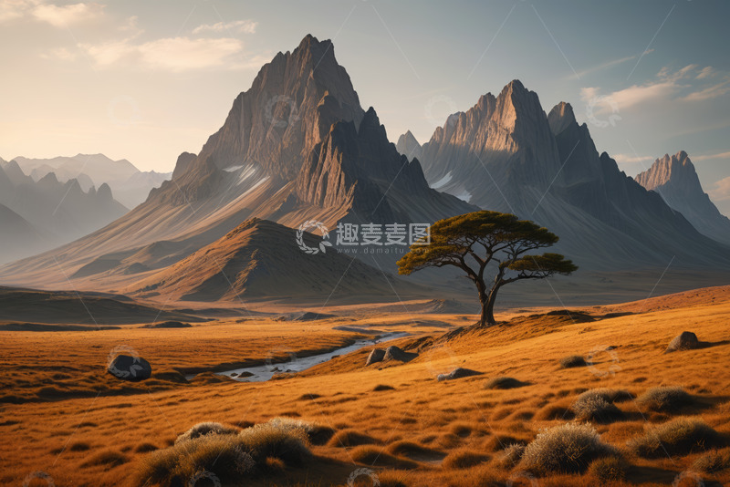 高清大图下载【趣麦麦图】旷野孤树与连绵山脉风景