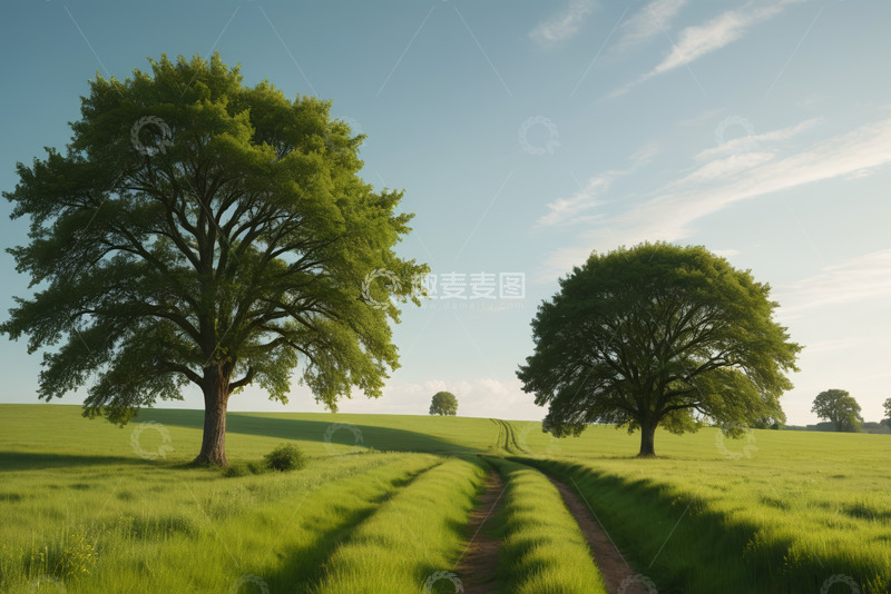 高清大图下载【趣麦麦图】原野上的绿树与乡间小路