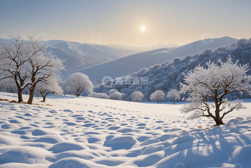 高清大图下载【趣麦麦图】冬日雪景覆盖的山峦与树木