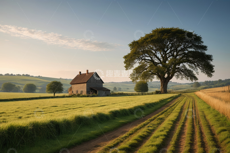 高清大图下载【趣麦麦图】田园乡村田野间的农舍与大树