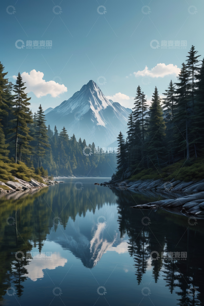 高清大图下载【趣麦麦图】山林间静谧湖泊与远处雪山景观