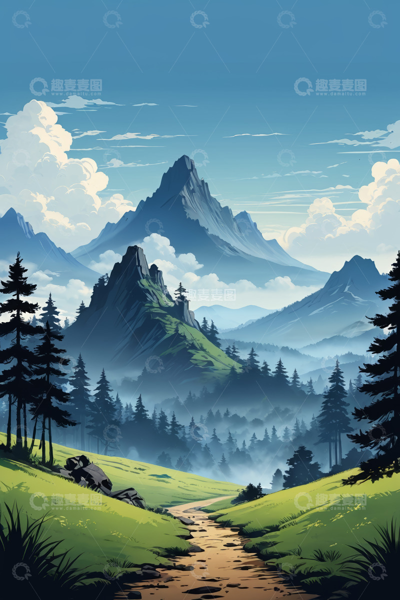 高清大图下载【趣麦麦图】山间草地与森林的自然风光