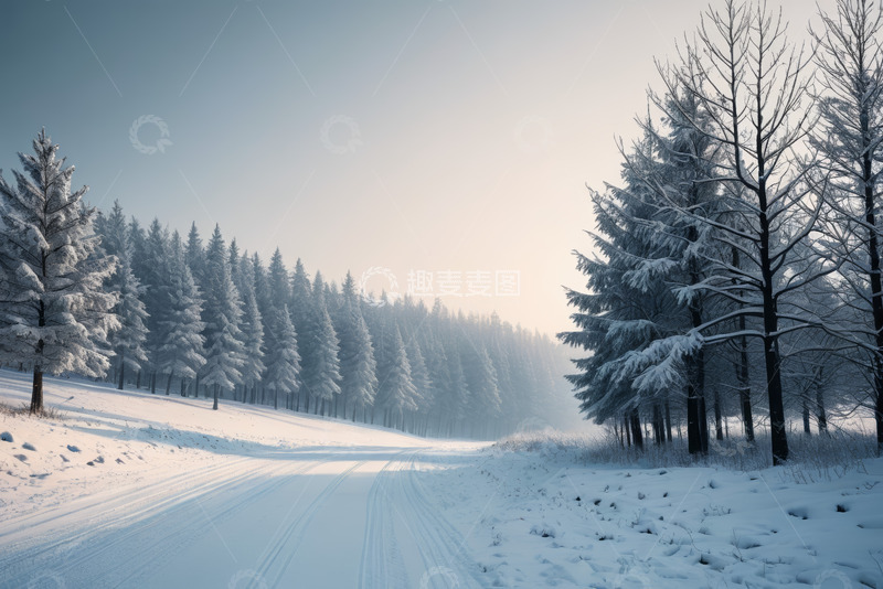 高清大图下载【趣麦麦图】雪后森林中的积雪道路