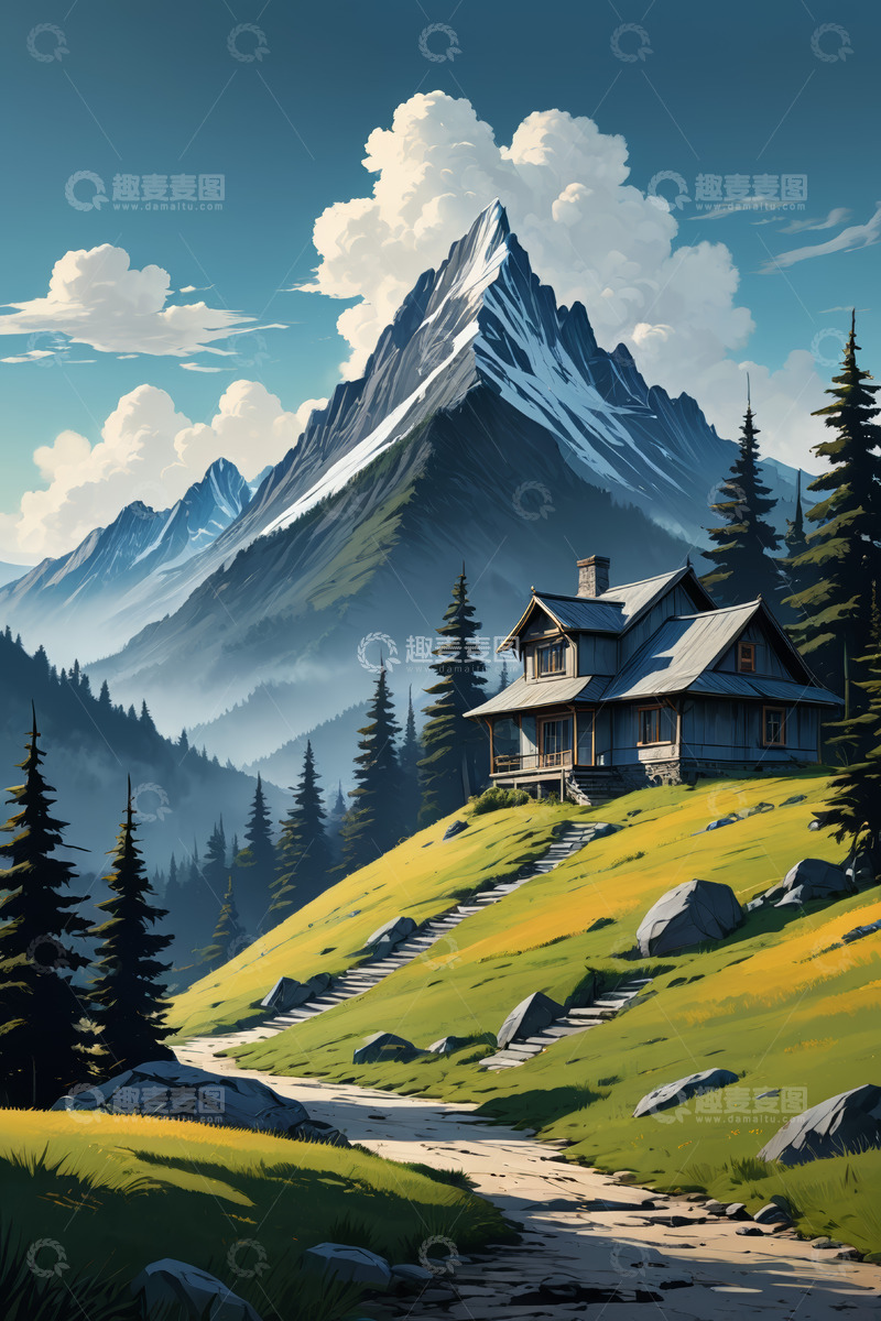 高清大图下载【趣麦麦图】山间木屋自然风光