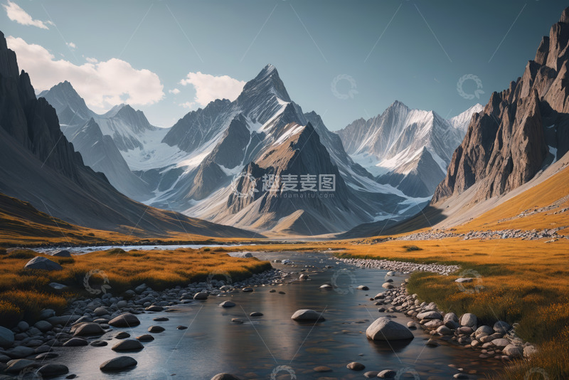 高清大图下载【趣麦麦图】雪山下的河流与草地景观