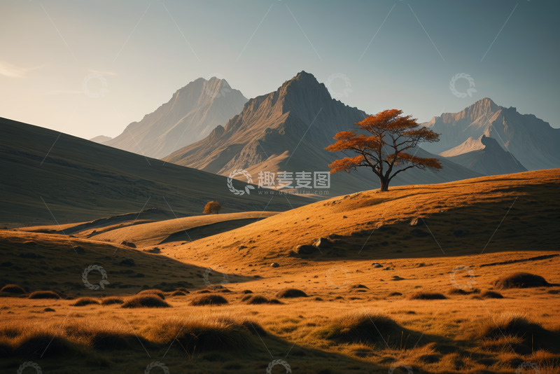 高清大图下载【趣麦麦图】旷野中孤树与远山景观