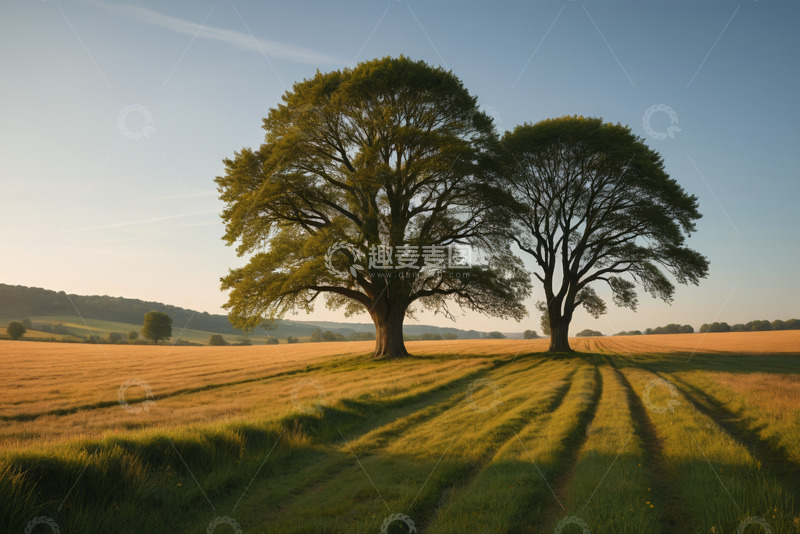 高清大图下载【趣麦麦图】田野中两棵大树的自然风光