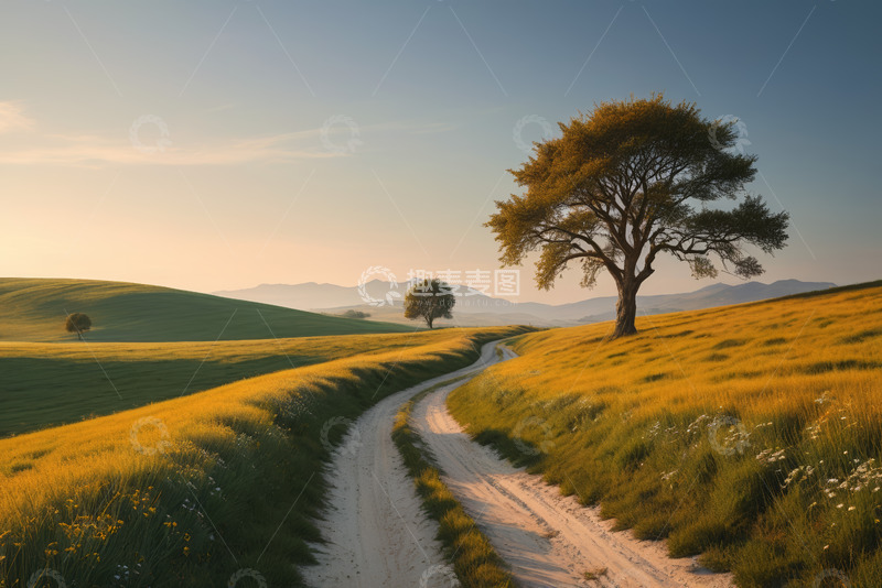 高清大图下载【趣麦麦图】田野间蜿蜒小路与孤树风景