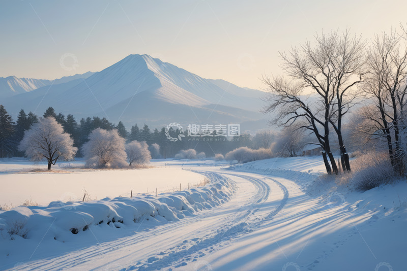 高清大图下载【趣麦麦图】冬日雪山下的雪地林间小路