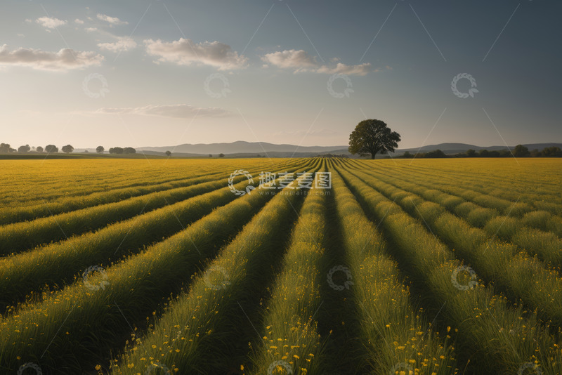 高清大图下载【趣麦麦图】田野上的金黄作物与孤树景观