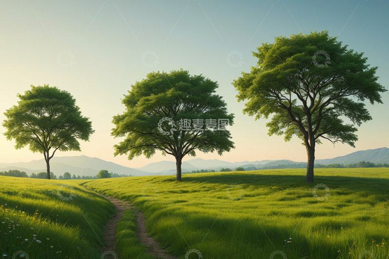 高清大图下载【趣麦麦图】田野中三棵绿树与蜿蜒小路
