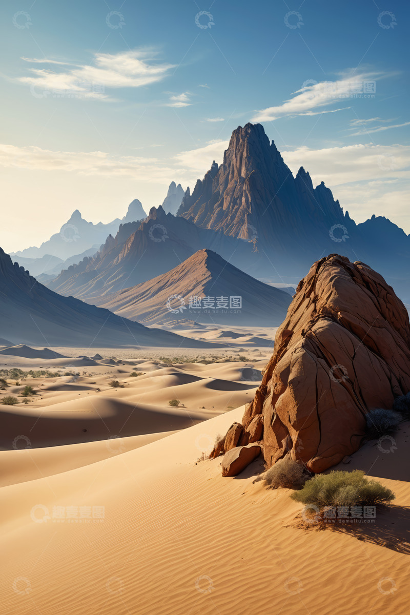 高清大图下载【趣麦麦图】沙漠中的岩石与连绵山脉