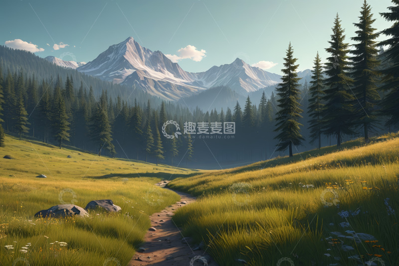 高清大图下载【趣麦麦图】山林间草地与蜿蜒小径风景