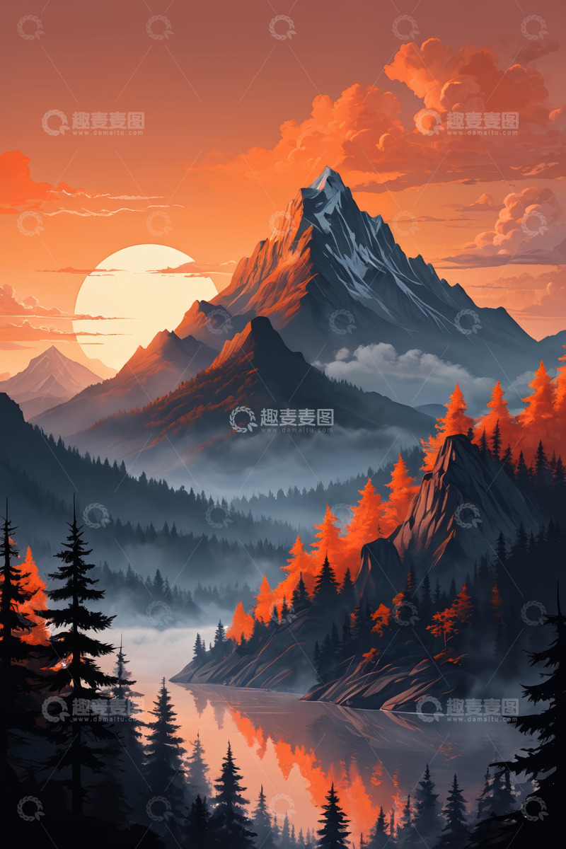 高清大图下载【趣麦麦图】夕阳下的山林湖泊自然景观