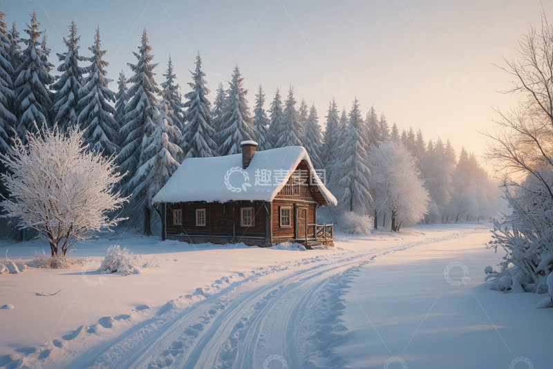 高清大图下载【趣麦麦图】雪后森林中的木屋风景
