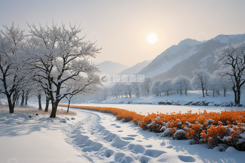 高清大图下载【趣麦麦图】冬日雪景中的树木与花卉