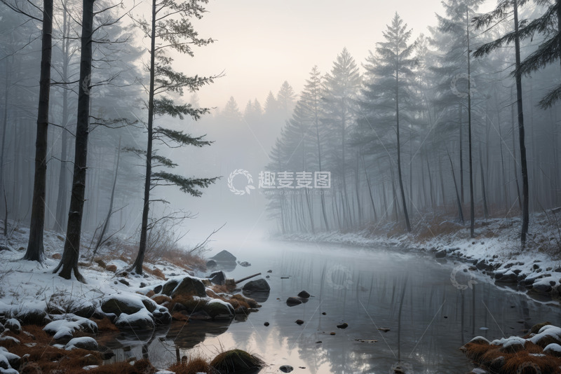 高清大图下载【趣麦麦图】冬日雪覆森林河流景观
