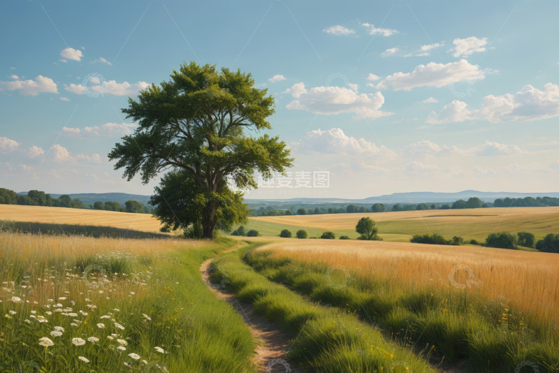 高清大图下载【趣麦麦图】田野间的绿树与小径风景