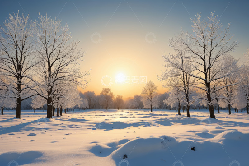 高清大图下载【趣麦麦图】冬日雪景树木日出景观