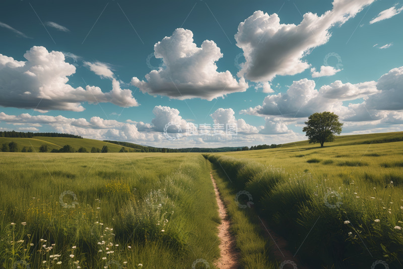高清大图下载【趣麦麦图】田野小径与蓝天白云风景