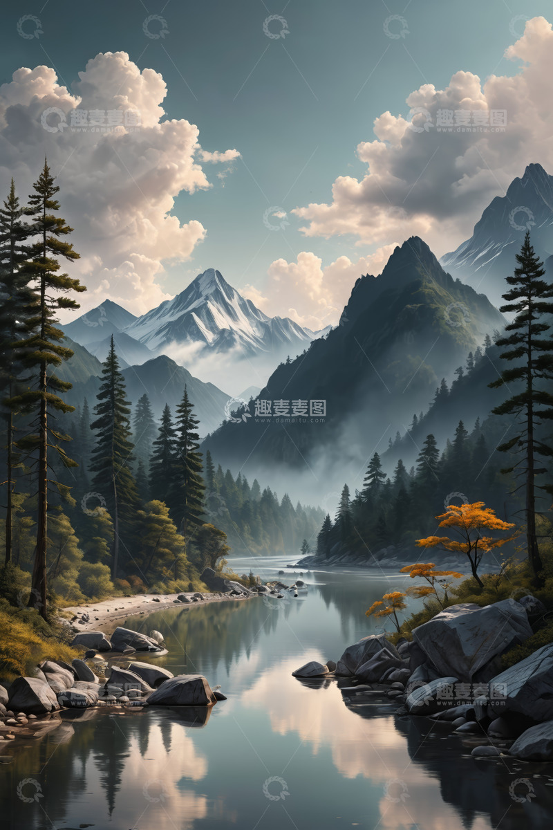 高清大图下载【趣麦麦图】山林湖泊自然风光全景