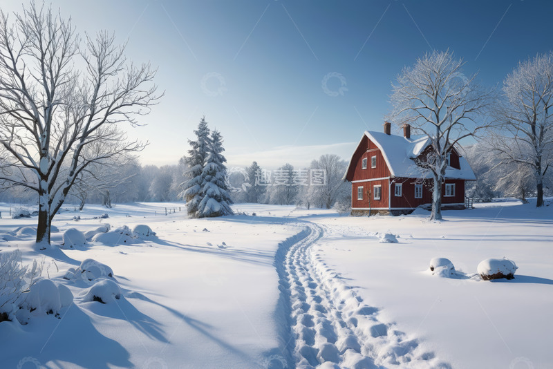高清大图下载【趣麦麦图】雪后乡村红屋雪景