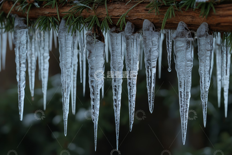 高清大图下载【趣麦麦图】松树枝上悬挂的冰柱