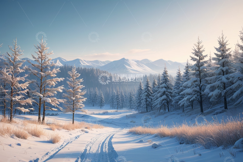 高清大图下载【趣麦麦图】雪覆盖的森林与远山景色