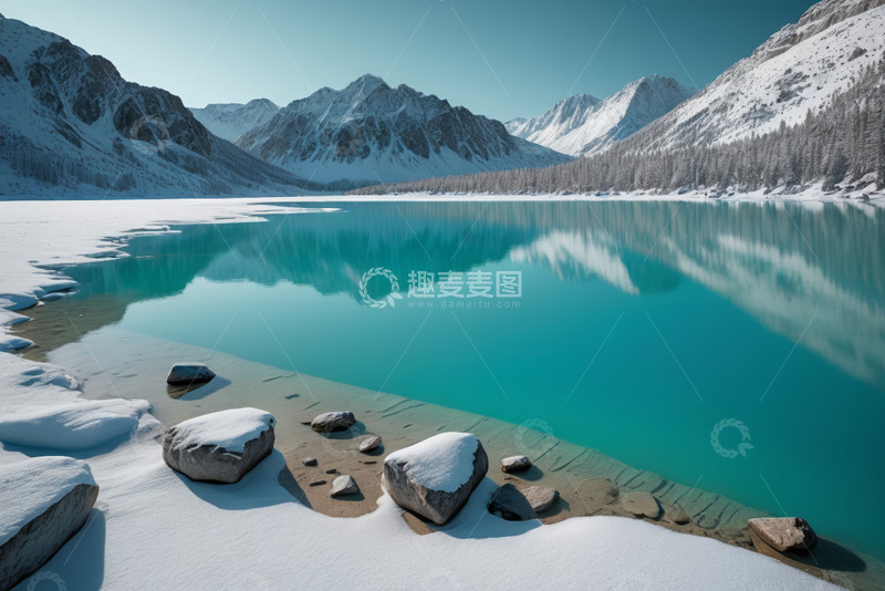 高清大图下载【趣麦麦图】雪山下的蓝色湖泊风景