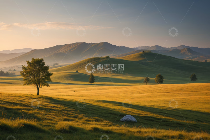 高清大图下载【趣麦麦图】清晨草原山丘与孤树风景