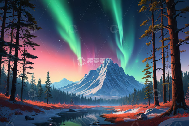 高清大图下载【趣麦麦图】山林间极光下的雪山风景