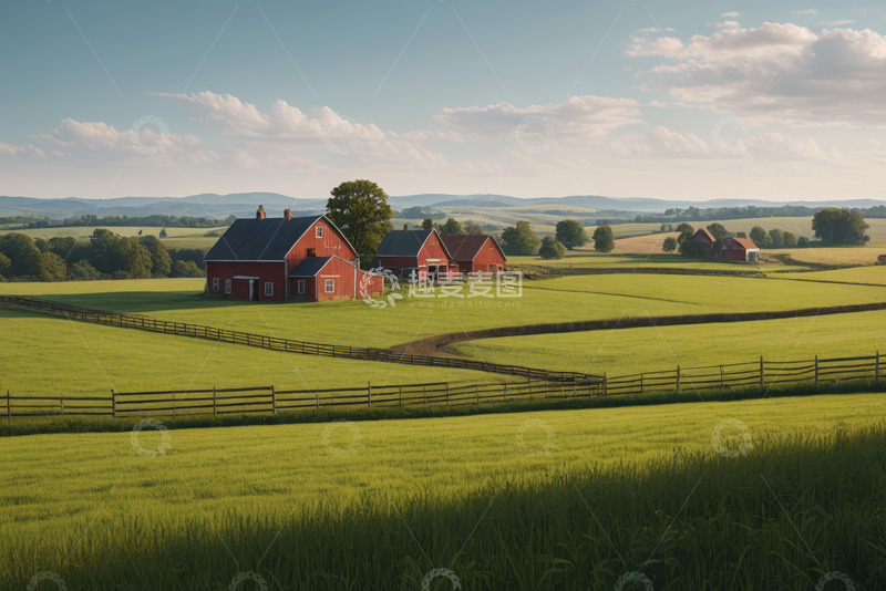 高清大图下载【趣麦麦图】田园风光中的红色农舍