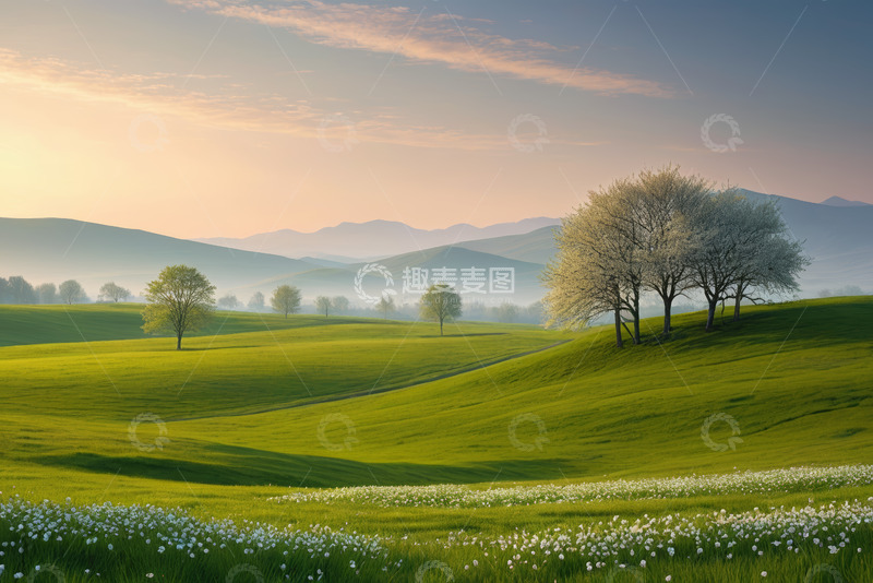 高清大图下载【趣麦麦图】清晨绿色草原与远山风景
