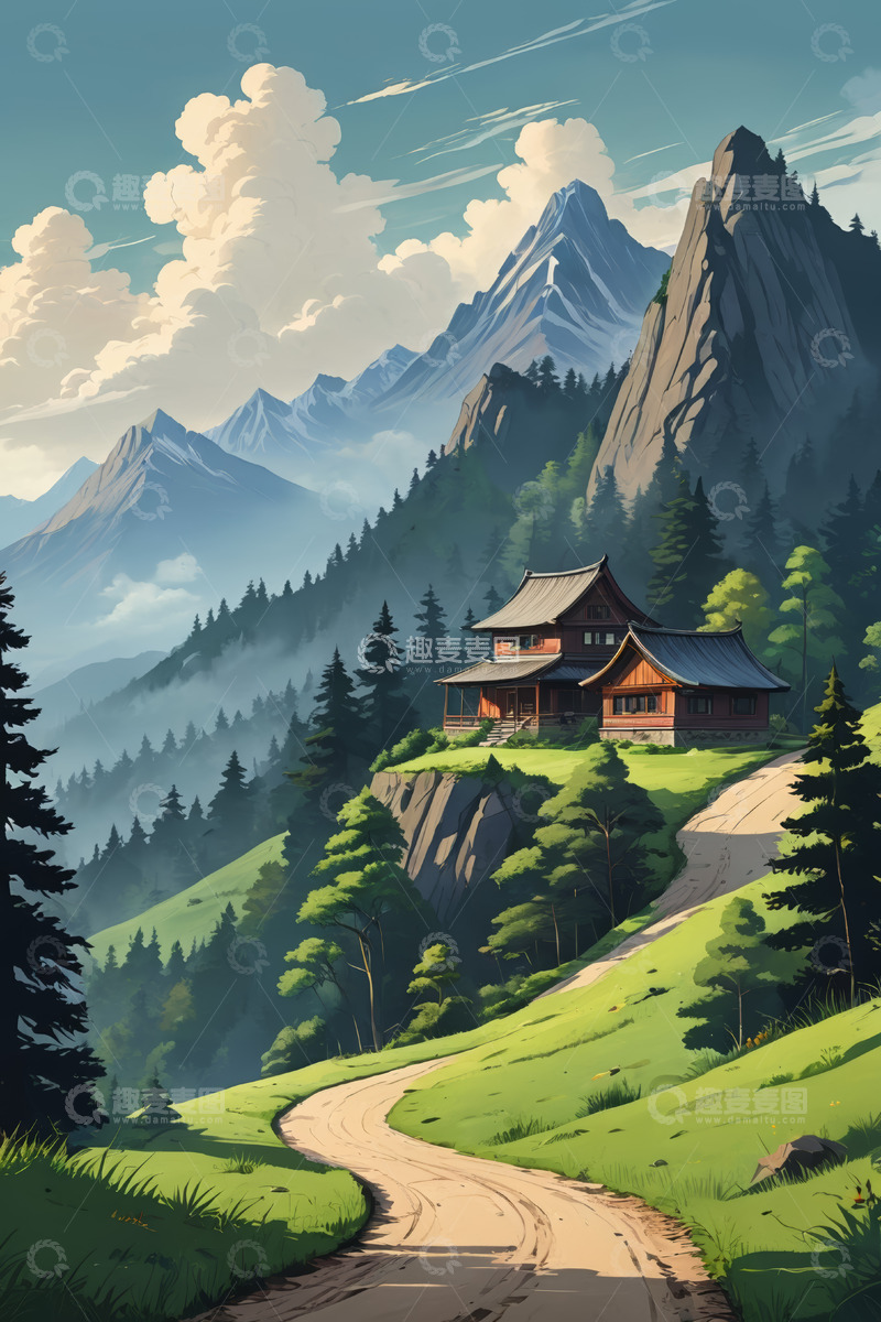 高清大图下载【趣麦麦图】山间小屋与蜿蜒山路风景