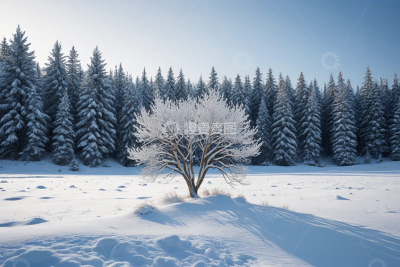 高清大图下载【趣麦麦图】雪地中覆雪树木与森林景观