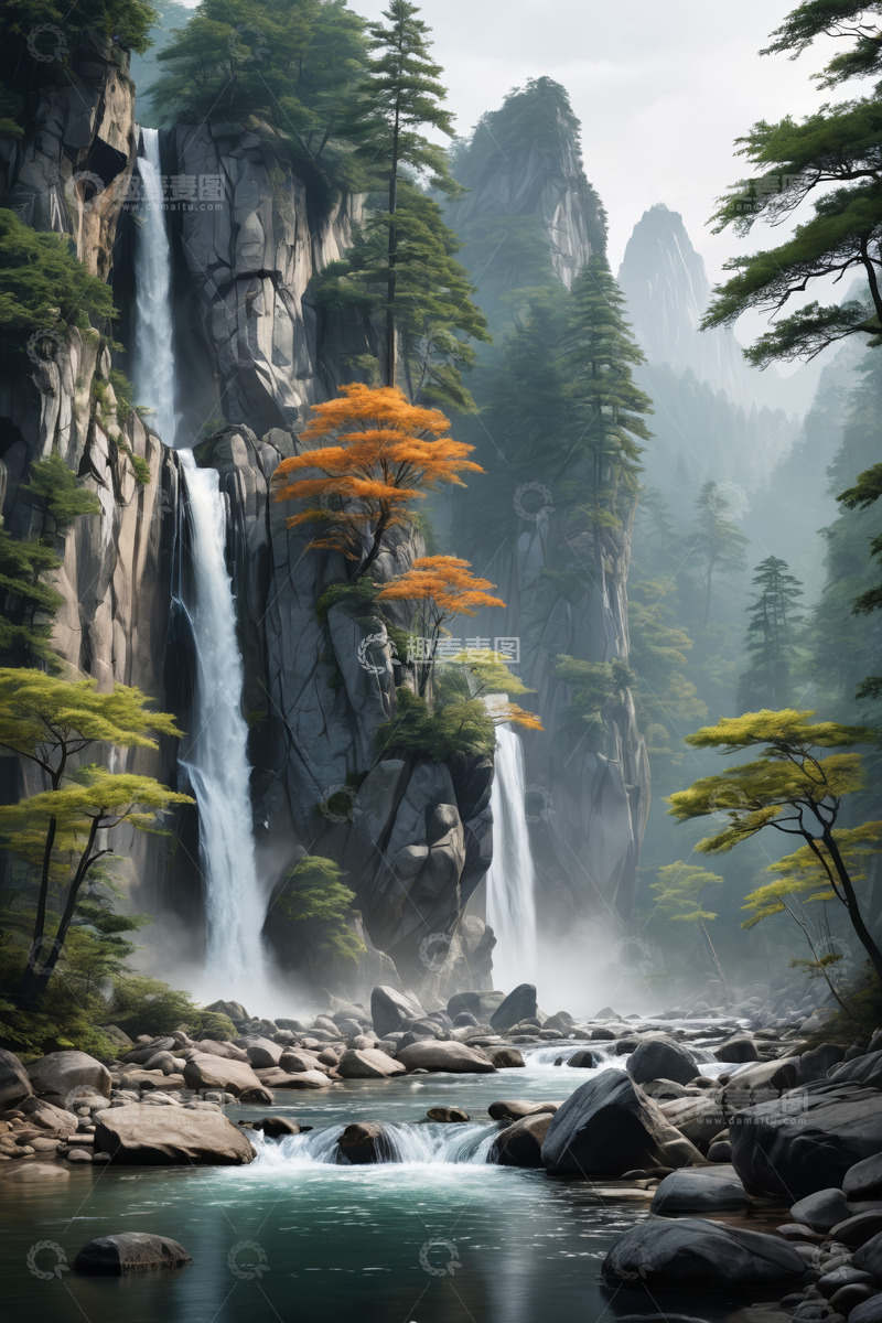 高清大图下载【趣麦麦图】山间瀑布森林自然景观