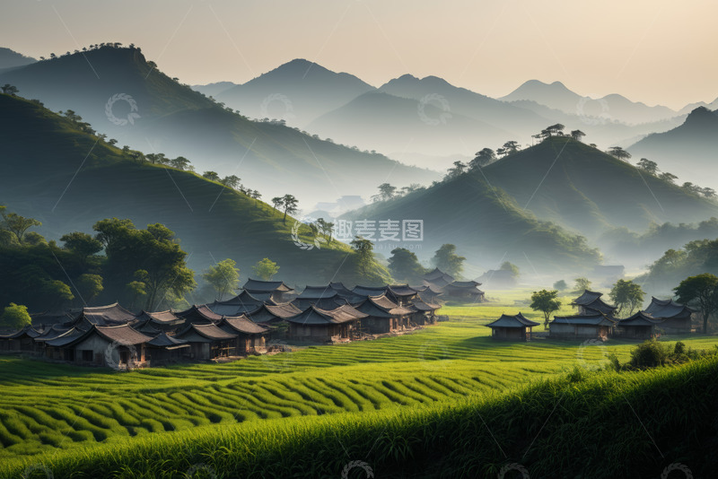 高清大图下载【趣麦麦图】山间田野中式村落风光