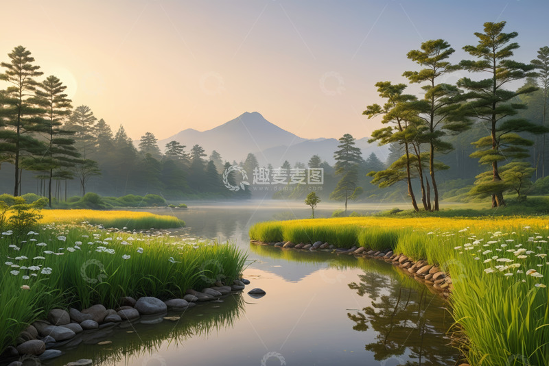 高清大图下载【趣麦麦图】清晨山林间的宁静溪流风光