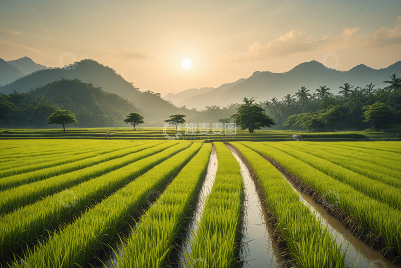 高清大图下载【趣麦麦图】田园风光稻田与远山景观