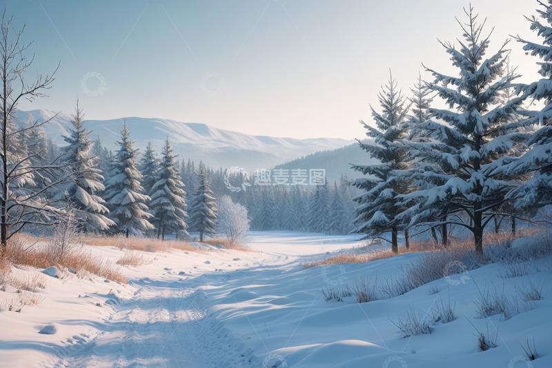 高清大图下载【趣麦麦图】冬日雪覆森林与远山风景