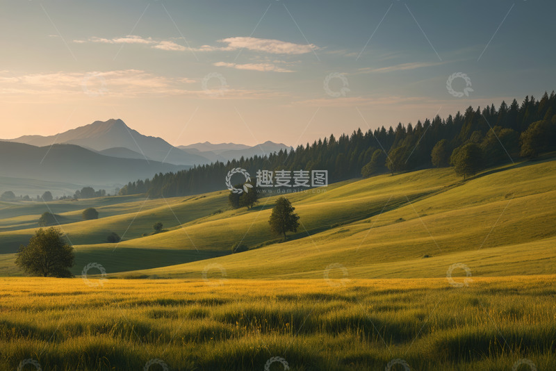 高清大图下载【趣麦麦图】清晨山谷中的绿色草原与远山