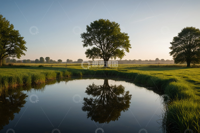 高清大图下载【趣麦麦图】田野池塘边的树木风景