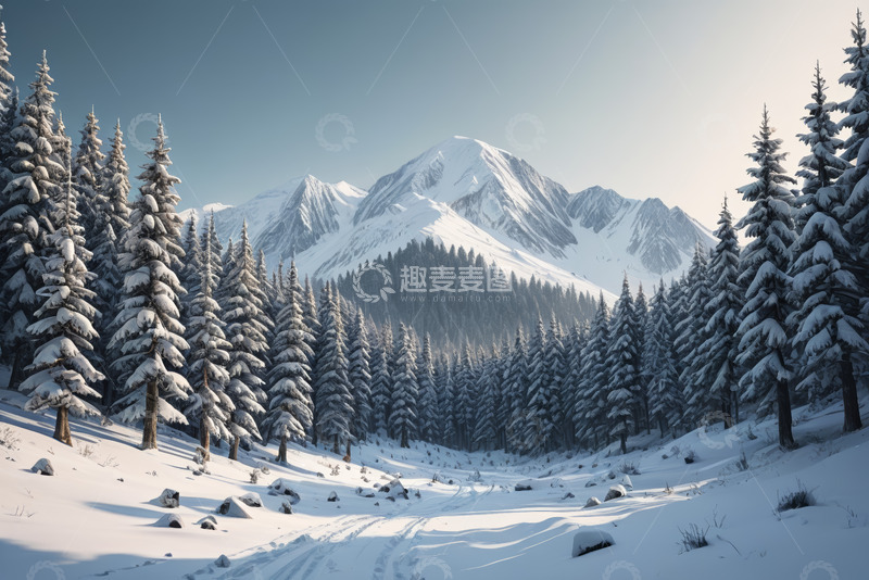 高清大图下载【趣麦麦图】雪覆盖的森林与远处雪山景象