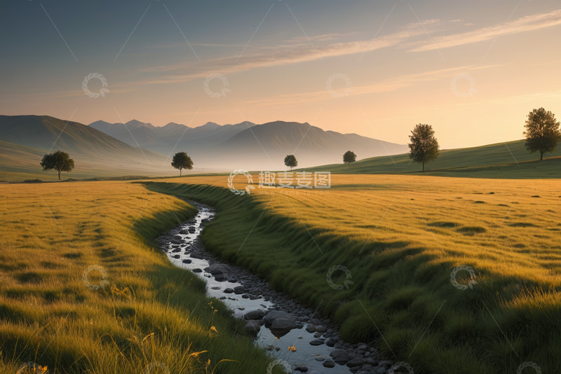 高清大图下载【趣麦麦图】原野中的溪流与远山风景