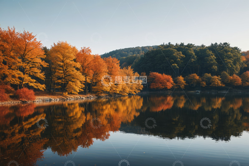 高清大图下载【趣麦麦图】秋日湖边多彩树林倒影风景