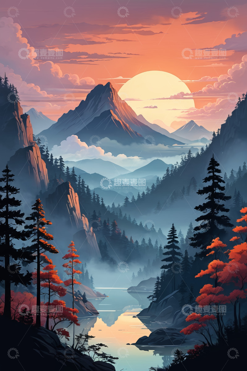 高清大图下载【趣麦麦图】山林间日落自然风光