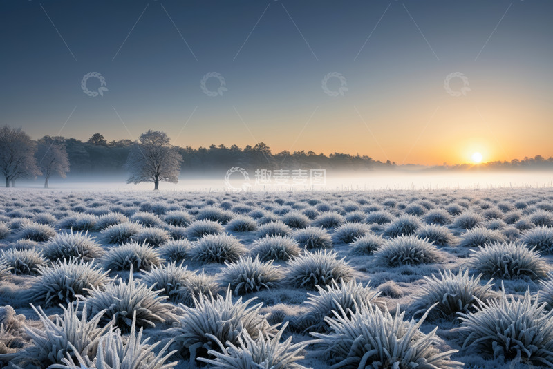 高清大图下载【趣麦麦图】日出时分霜覆盖的田野景观