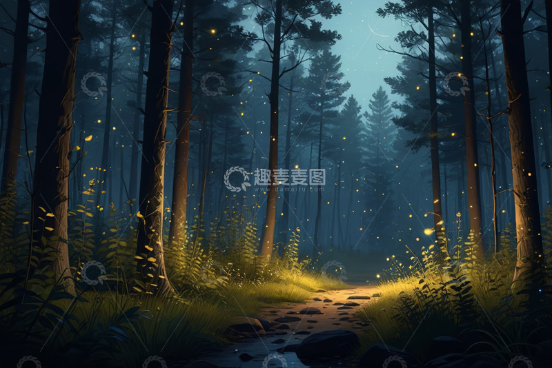 高清大图下载【趣麦麦图】夜晚森林中闪烁的萤火虫